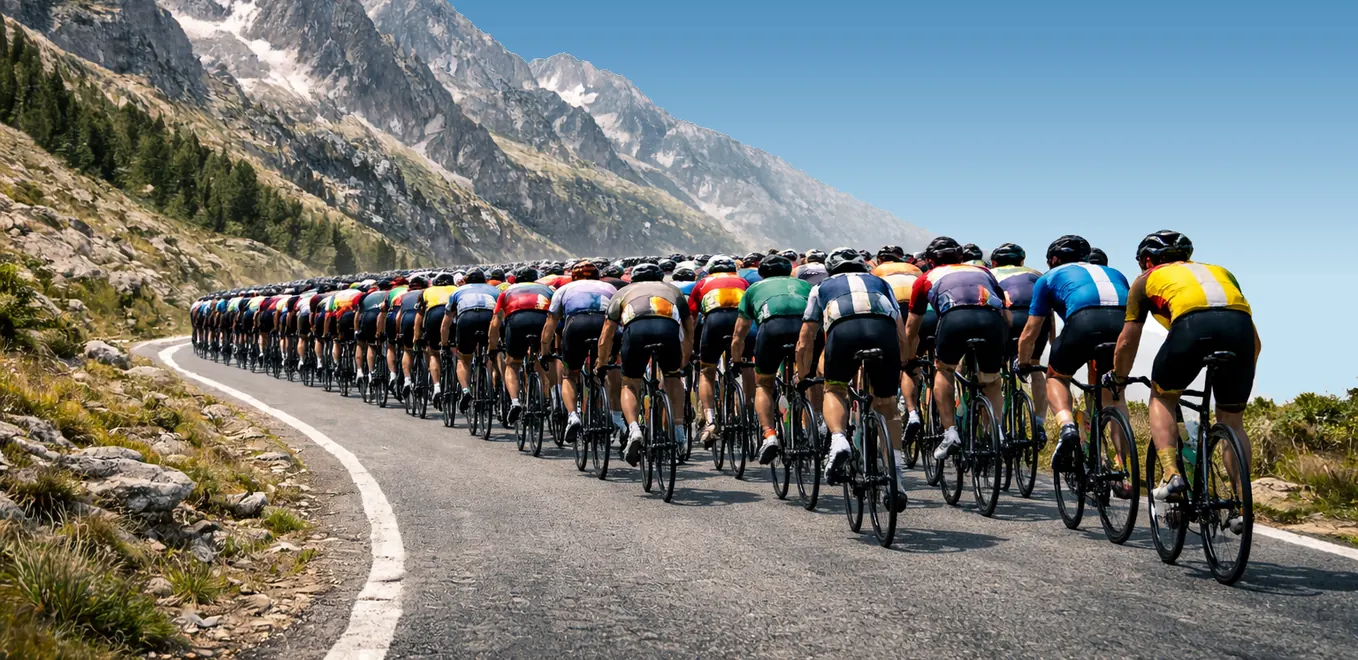 A peloton of professional road cyclists led by the yellow jersey on a mountain road
